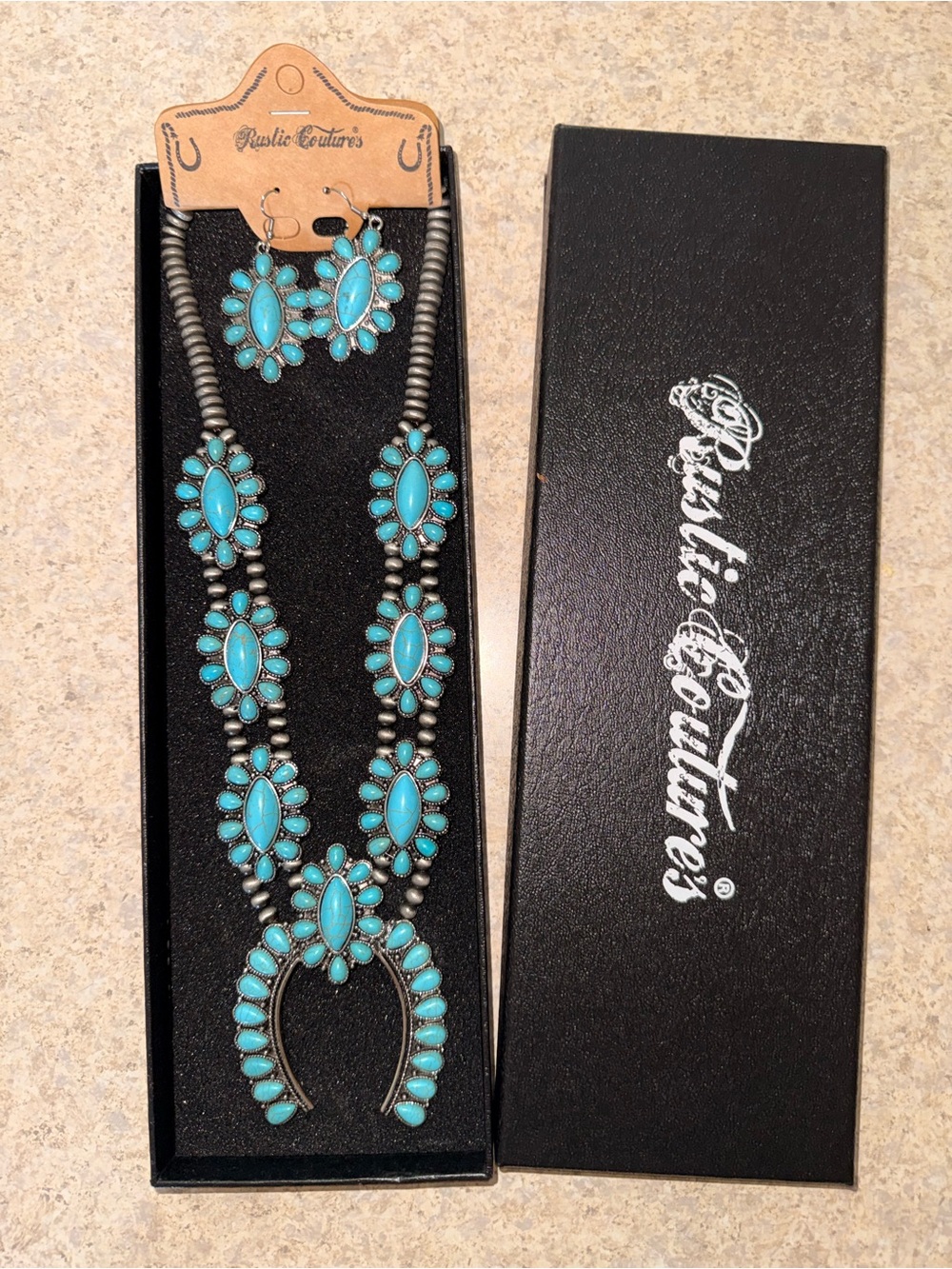 Turquoise Teardrop Squash Blossom Necklace and Earring Set